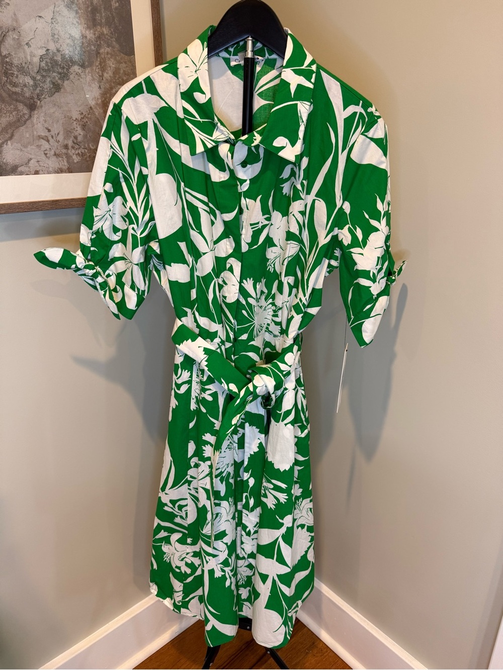 NWT Calvin Klein Green White Floral Shirt Dress Belted Midi Size 12